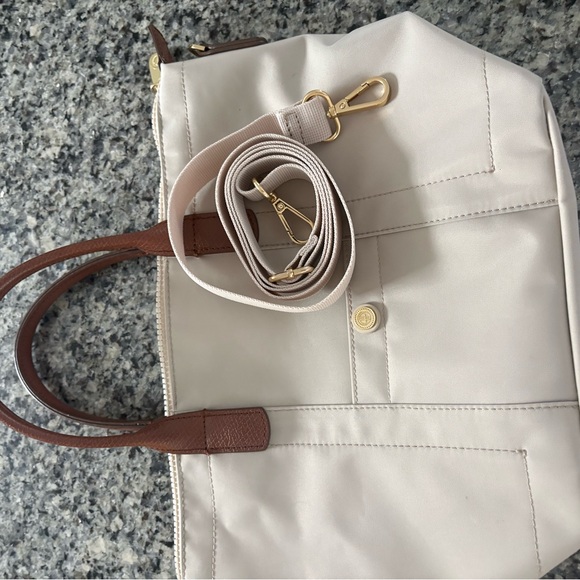 Harrods Beige Tote with Brown Leather Handles and Gold Button - Picture 2 of 8